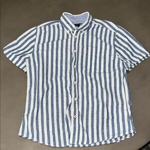 Tommy Hilfiger Men's Blue and White Striped Nautical Button Up Shirt